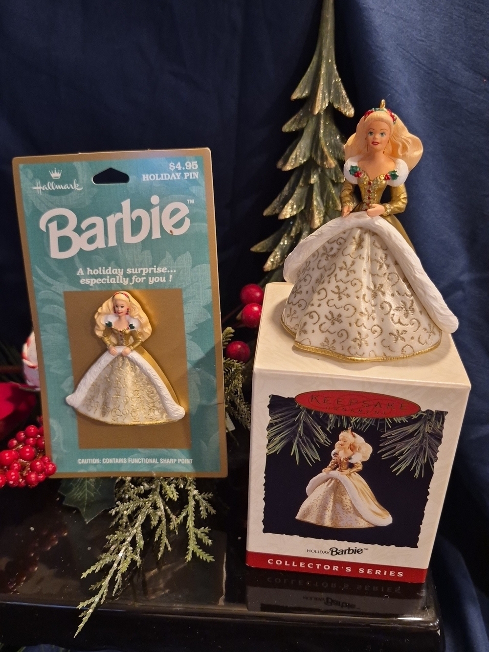 Vintage 1994 Barbie Holiday Ornament/Pin Set - White and Gold